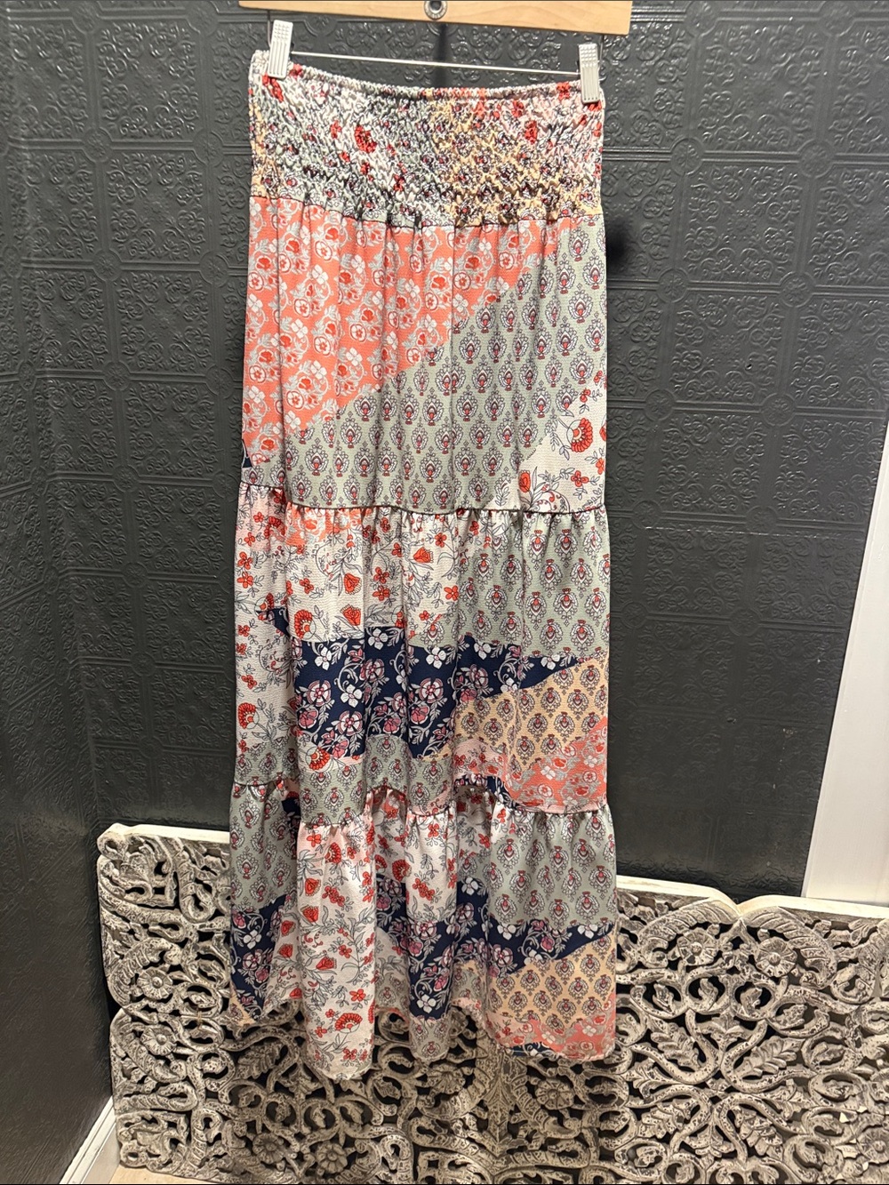 Boho Patchwork Maxi Skirt in Coral and Navy